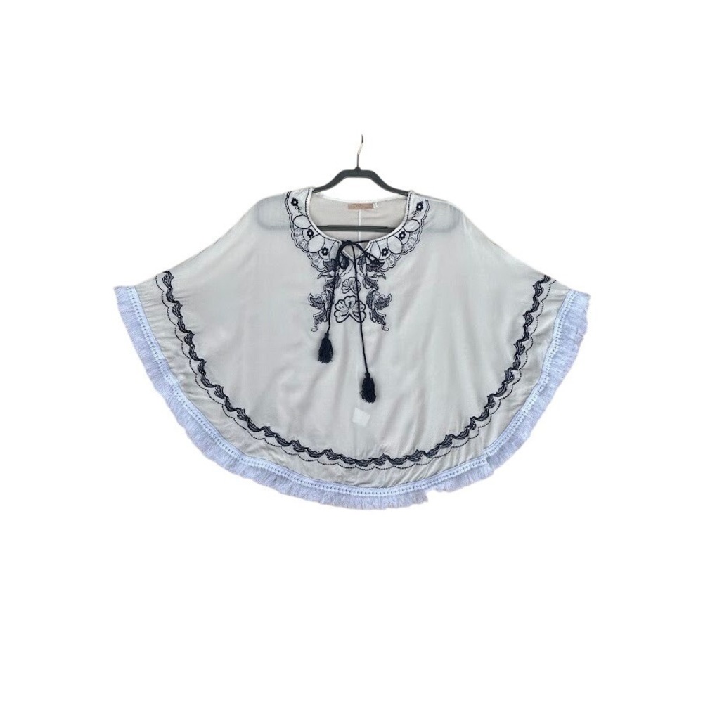 Yasiqi Fashion Womens White Navy Blue Floral Embroidered Fringe Poncho One Size - Picture 1 of 9